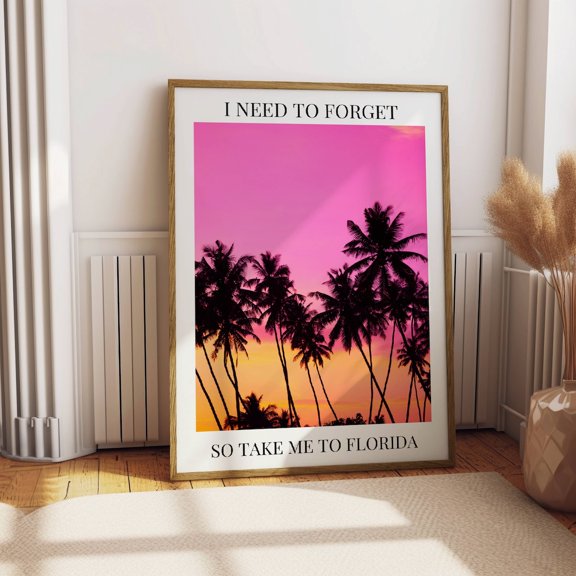 Florida Palm Print Pink Sunset Beach Wall Art, Unframed Paper Poster 8x10in