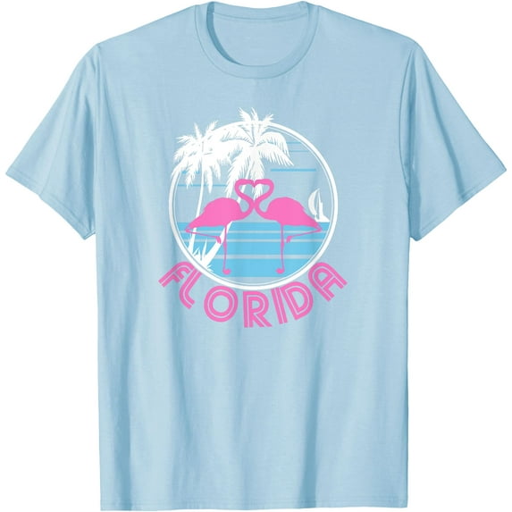 Florida Pink Flamingo Heart 80s Retro Vintage Style Softstyle Unisex T-Shirt,Light Blue Color,Size 3T