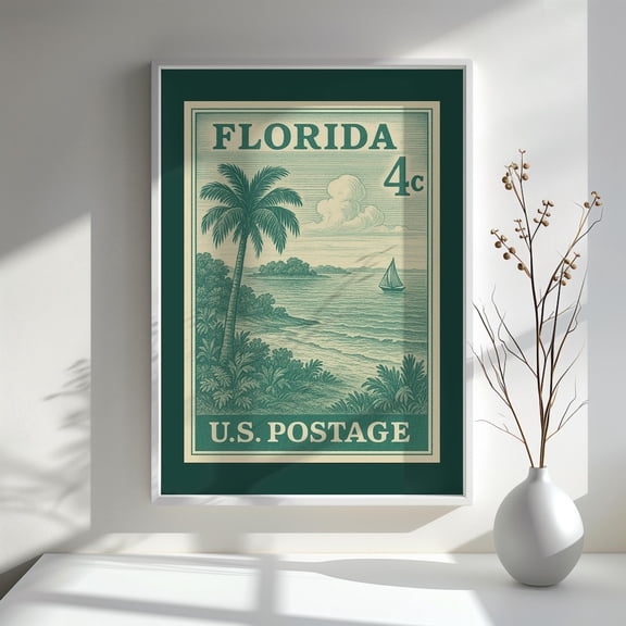 Florida Postage Stamp Poster Retro Us State Postage Wall Art Vintage Style Fl Palm Tree & Sailboat Poster Coastal Poster Home Decor, Unframed Poster Size 16x24