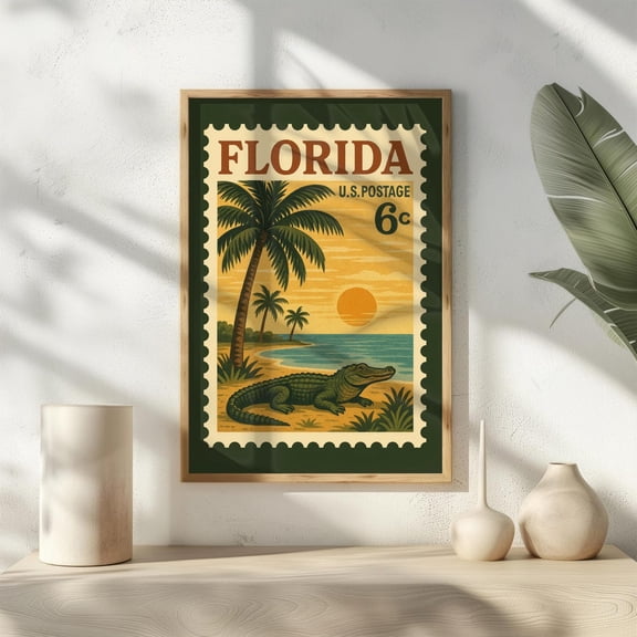 Florida Postage Stamp Poster Retro Us State Travel Wall Art Vintage Style Alligator Sunset Beach Home Decor, Unframed Poster Size 8x12