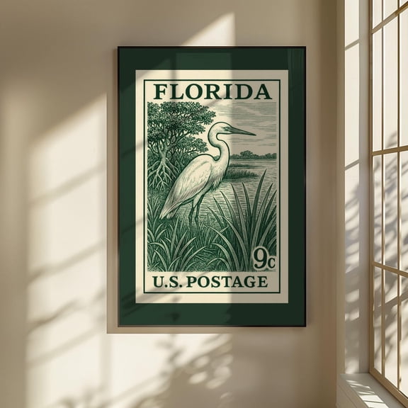 Florida Postage Stamp Poster Vintage Style Us State Travel Poster Engraved Heron Everglades Wall Art Fl, Unframed Poster Size 12x18