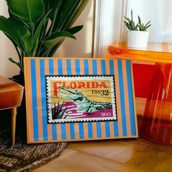 Florida Print Vintage Fl Wall Art Orange Blue Florida Dorm Decor Retro Florida Alligator Travel Print Fl Artwork Home Decor #515, Stretched Canvas Size 16x24