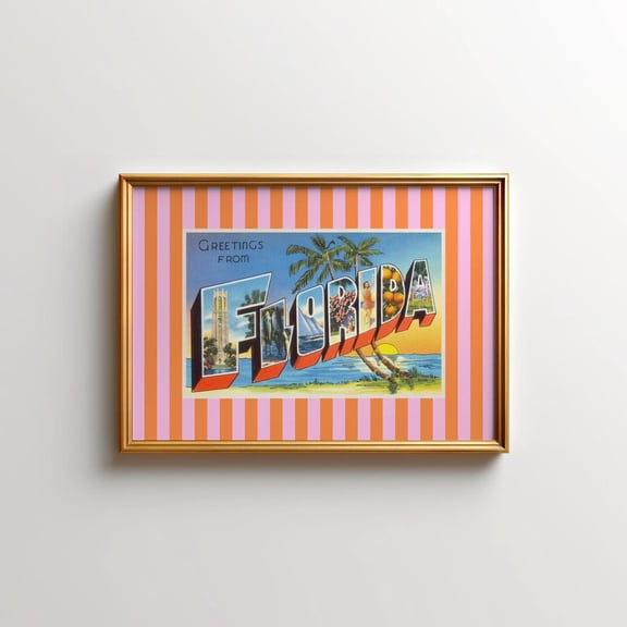 Florida Print Vintage Wall Art Greetings From Fl Postcard Pink And Orange Decor Retro Travel Print Girly Striped Artwork Home Decor #596, Unframed Poster Size 12x18