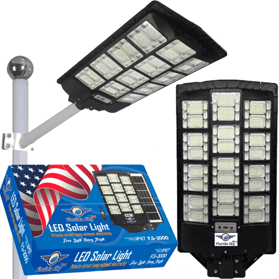 Florida Sky Solar Street Lights 2000W Outdoor Waterproof, LED Street Light Solar Powered,175000LM Solar Street Light Dusk to Dawn, Wide Angle Lamp with Motion Sensor and Remote Control, for Yard, etc.
