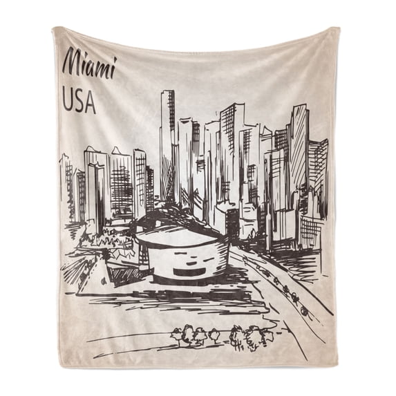 Florida Soft Flannel Fleece Blanket, Hand Drawn Miami Cityscape Sketch USA Architecture Theme Abstract Buildings, Cozy Plush for Indoor and Outdoor Use, 60" x 80", Tan and Dark Brown, by Ambesonne