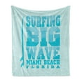 thumbnail image 1 of Florida Soft Flannel Fleece Blanket, Surfing Big Wave Miami Beach Calligraphy Text with an Upright Surfboard, Cozy Plush for Indoor and Outdoor Use, 50" x 70", Baby Blue and Sky Blue, by Ambesonne, 1 of 5