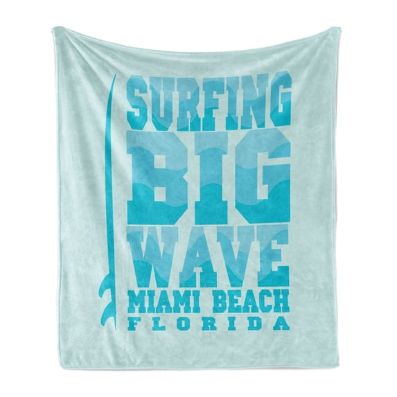 Florida Soft Flannel Fleece Blanket, Surfing Big Wave Miami Beach Calligraphy Text with an Upright Surfboard, Cozy Plush for Indoor and Outdoor Use, 60" x 80", Baby Blue and Sky Blue, by Ambesonne
