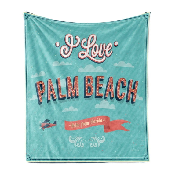 Florida Soft Flannel Fleece Blanket, Vintage Typographic I Love Palm Beach Text and Biplane Retro Advertisement, Cozy Plush for Indoor and Outdoor Use, 50" x 60", Pale Teal and Coral, by Ambesonne