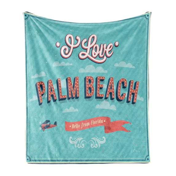 Florida Soft Flannel Fleece Blanket, Vintage Typographic I Love Palm Beach Text and Biplane Retro Advertisement, Cozy Plush for Indoor and Outdoor Use, 60" x 80", Pale Teal and Coral, by Ambesonne