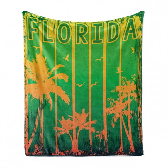 Florida Soft Flannel Fleece Throw Blanket, Coastal City in California Worn out Composition with Beach Trees, Cozy Plush for Indoor and Outdoor Use, 60" x 80", Lime Green Fern Green, by Ambesonne