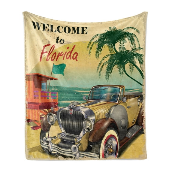 Florida Soft Flannel Fleece Throw Blanket, Old Beach Picture with Vintage American Car a Visit to Touristic Coastal State, Cozy Plush for Indoor and Outdoor Use, 70" x 90", Multicolor, by Ambesonne