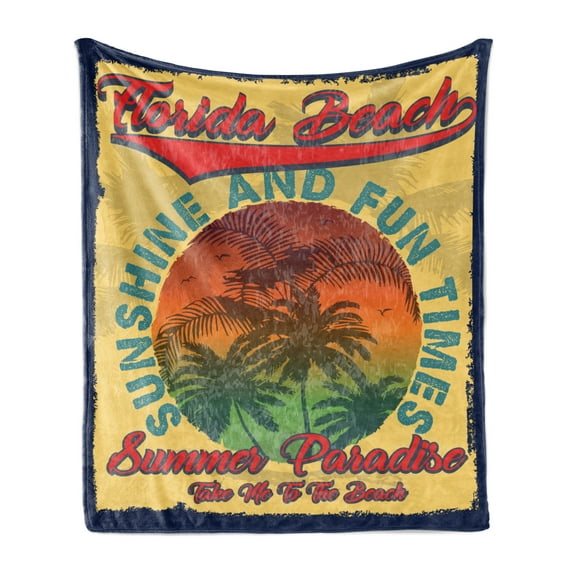 Florida Soft Flannel Fleece Throw Blanket, Sunshine and Fun Time Paradise City Dreaming of Summer Travel Trip Theme Vintage, Cozy Plush for Indoor and Outdoor Use, 70" x 90", Multicolor, by Ambesonne