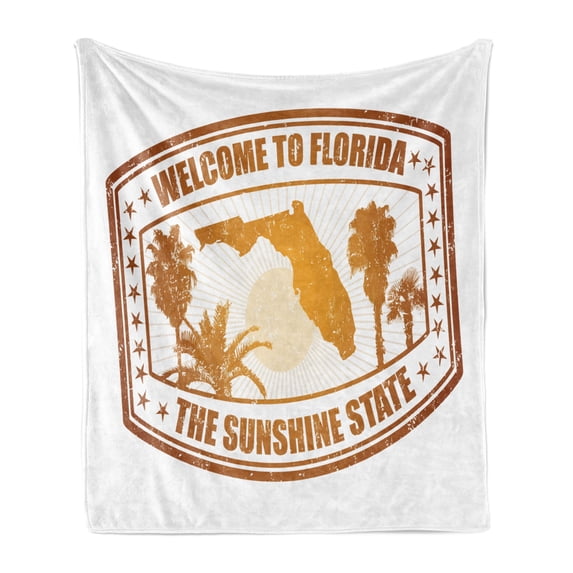 Florida Soft Flannel Fleece Throw Blanket, Sunshine State of America City Map Trees and Stars Travel Stamp, Cozy Plush for Indoor and Outdoor Use, 60" x 80", Orange Ginger and White, by Ambesonne