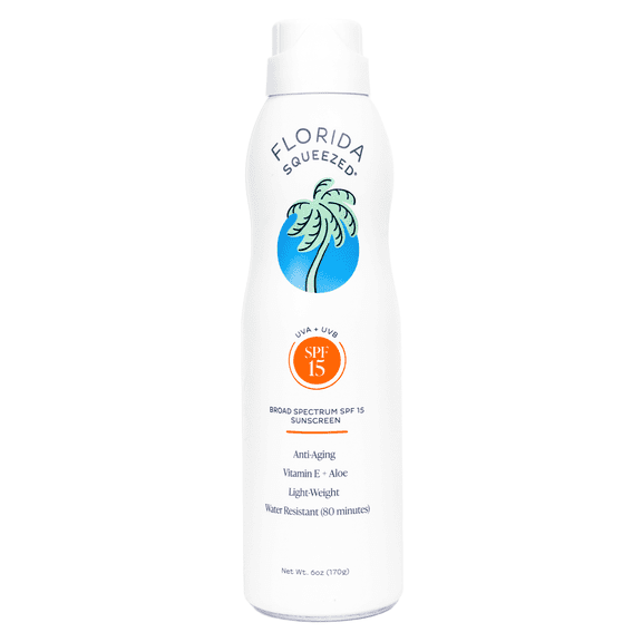 Florida Squeezed SPF 15 Sunscreen Spray, Non-Aerosol Continuous Spray with Vitamin E, Broad Spectrum UVA/UVB Protection, Lightweight Feel, Water Resistant, Free from Parabens & Phthalates