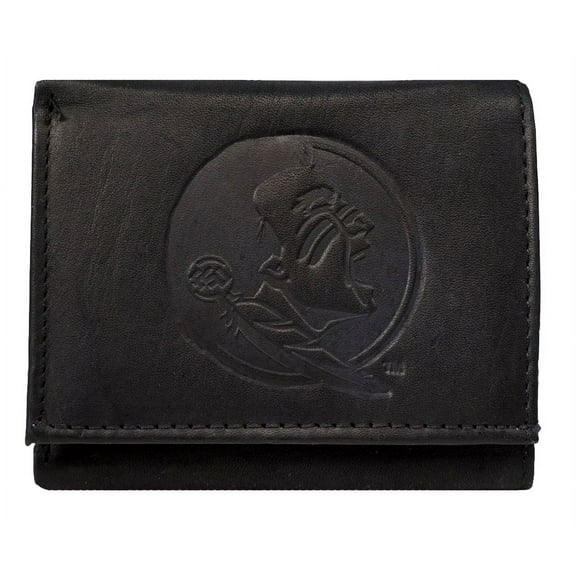 Florida State FSU NCAA Seminole's Embossed Trifold Wallet - Black Leather - with Worn Distressed Look