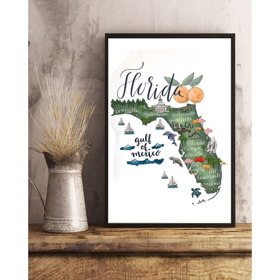 Florida State Map Wall Art Landmark Illustration Artwork Poster Matte Wall Art Decor 16 x 24 Inch Poster