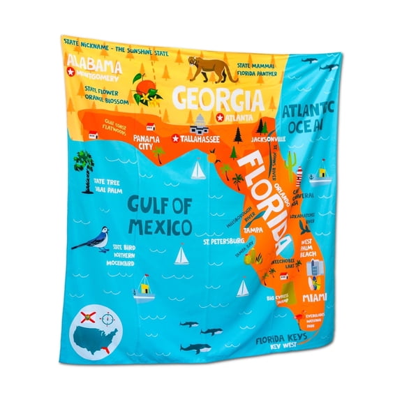 Birdy Boutique Florida Map Tapestry – 60" x 59" Educational Wall Hanging for Kids – State Landmarks, Cities, & Fun Facts – Lightweight & Easy to Hang Classroom or Homeschool Decor