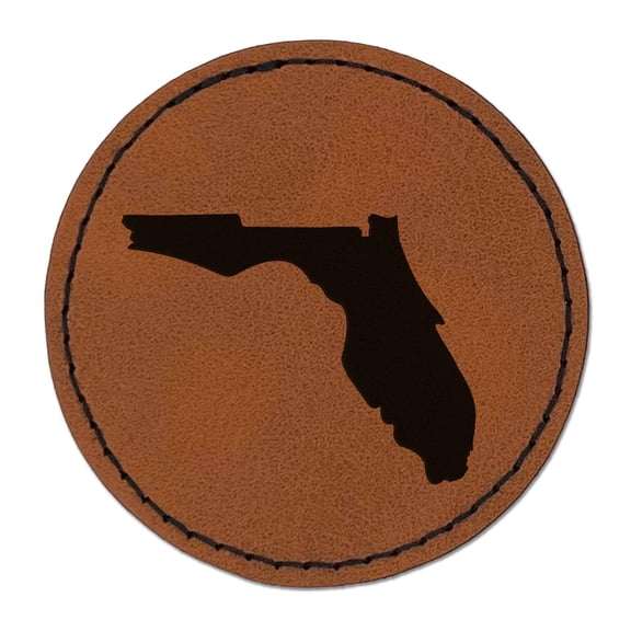 Florida State Silhouette 2.5" Faux Leather Round Engraved Iron-On Patch - Brown