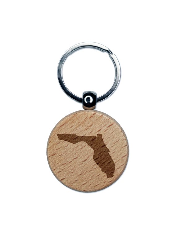 Florida State Silhouette Round Keychain Charm Tag - Engraved Wood