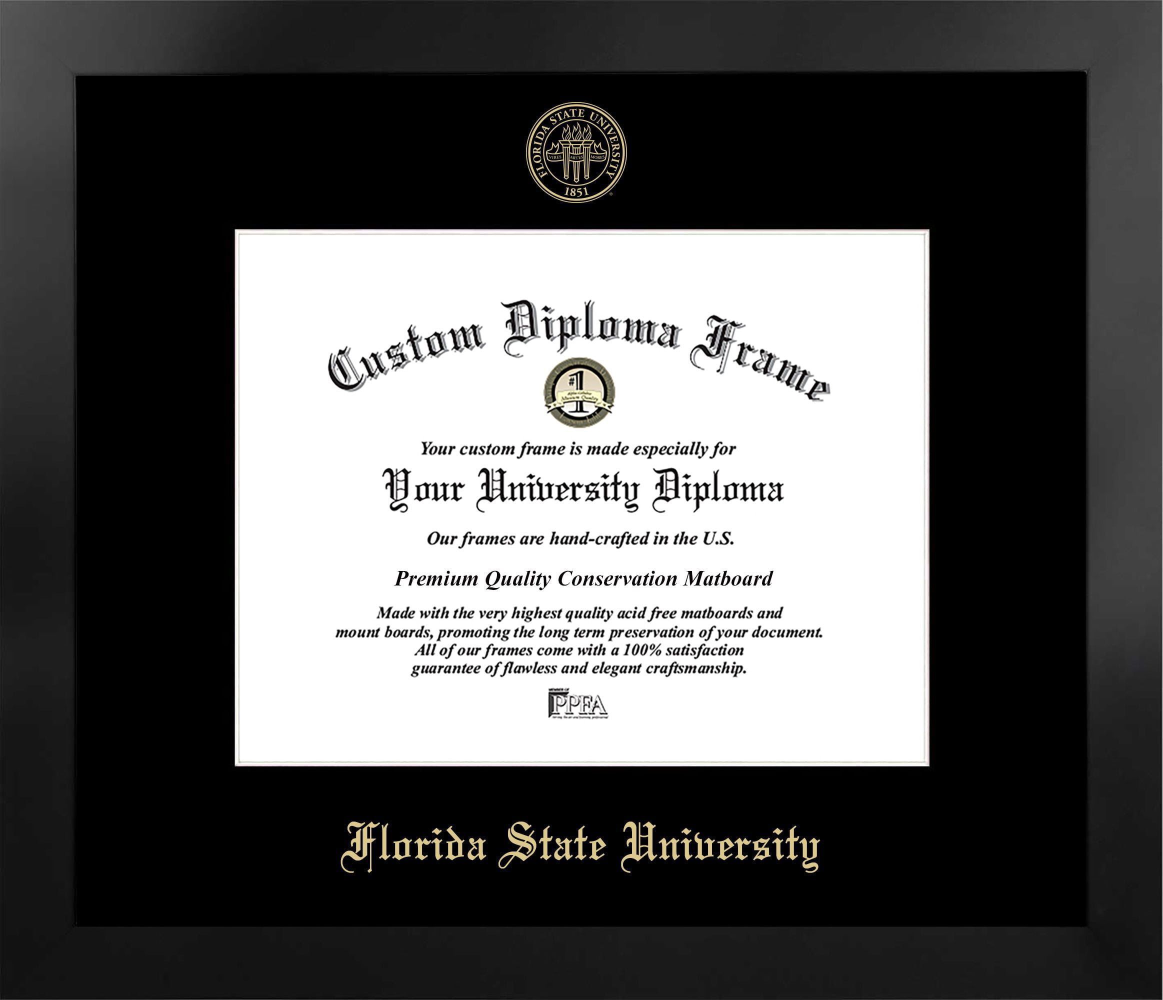 Florida State University 11w x 8.5h Manhattan Black Single Mat Gold Embossed Diploma Frame with Bonus Campus Images Lithograph (value savings at $59)