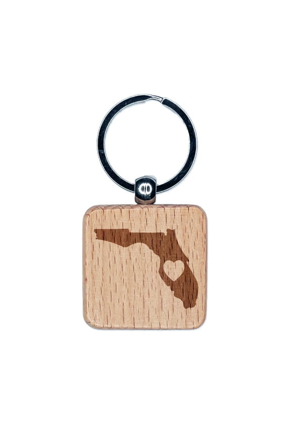 Florida State with Heart Square Keychain Charm Tag - Engraved Wood