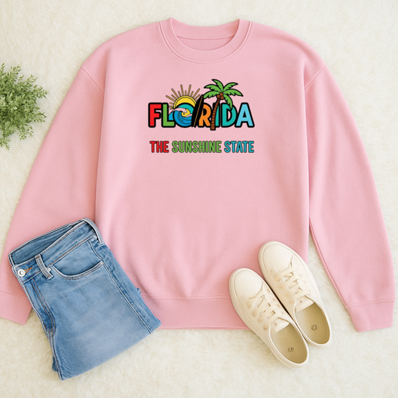 Florida Sunshine State Coastal Summer Inspired Casual Holiday Graphic Sweatshirt, up to size 5XL