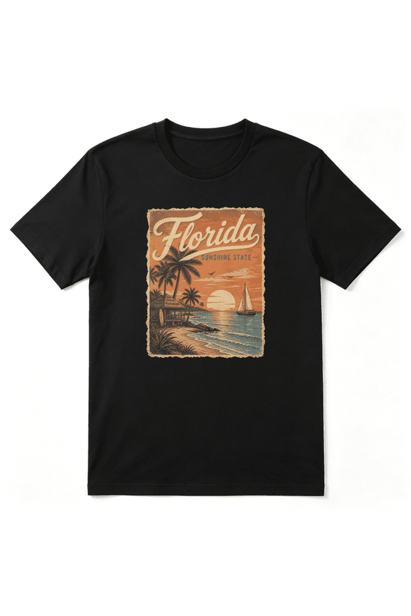 Florida Sunshine State Sunset Ocean Palm Cool Graphic Tee for Men and Women, Beach Road Trip Cotton Short Sleeves T-Shirt