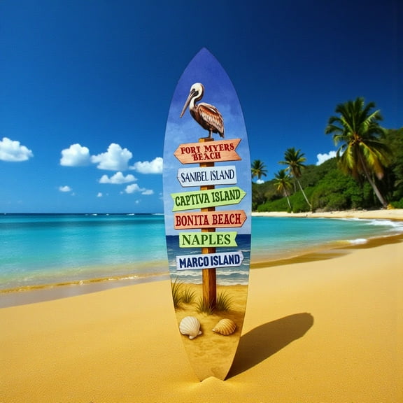 Florida Surfboard Sign – PVC Directional Beach Town Wall Art, Fort Myers Beach, Sanibel Island, Naples, Marco Island, Outdoor Coastal Decor (5 Foot)