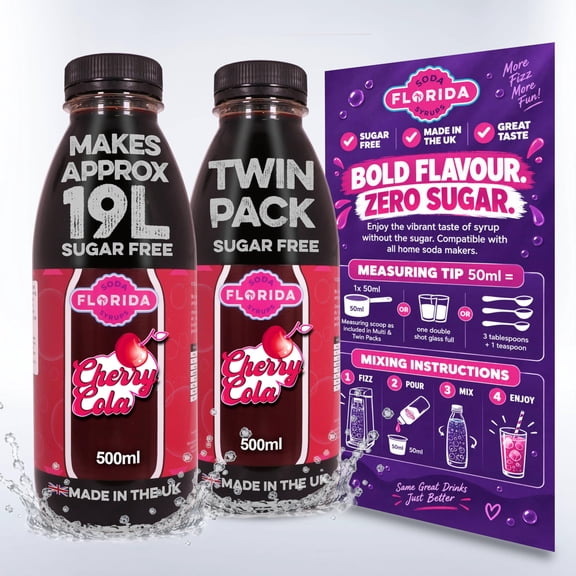 Florida Syrups Flavours Compatible with Sodastream Machines - Soda Drink Flavourings 500 ml (Pack of 2) (500 ml (Pack of 2), Cherry Cola Sugar Free)