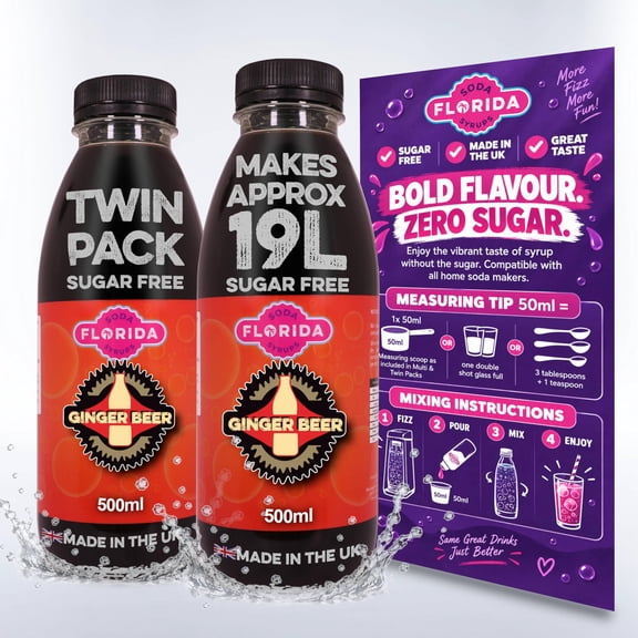 Florida Syrups Flavours Compatible with Sodastream Machines - Soda Drink Flavourings 500 ml (Pack of 2) (500 ml (Pack of 2), Ginger Beer Sugar Free)