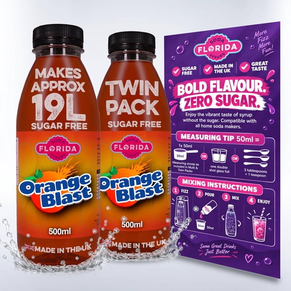 Florida Syrups Flavours Compatible with Sodastream Machines - Soda Drink Flavourings 500 ml (Pack of 2) (500 ml (Pack of 2), Orange Blast Sugar Free)