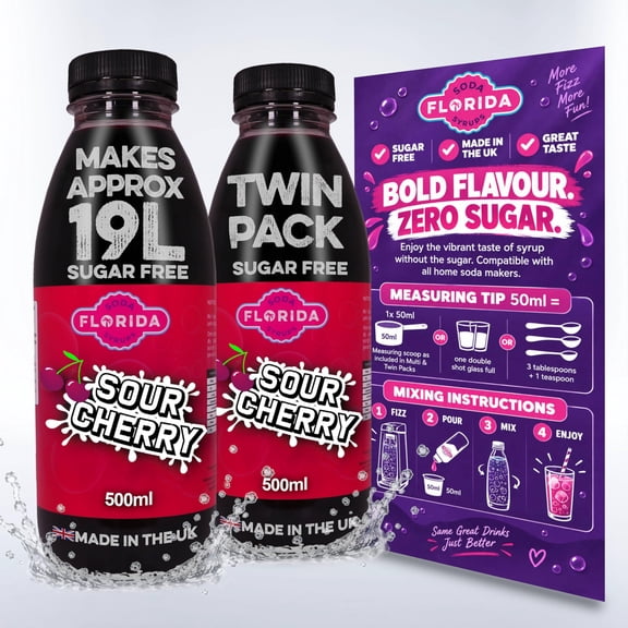 Florida Syrups Flavours Compatible with Sodastream Machines - Soda Drink Flavourings 500 ml (Pack of 2) (500 ml (Pack of 2), Sour Cherry Sugar Free)