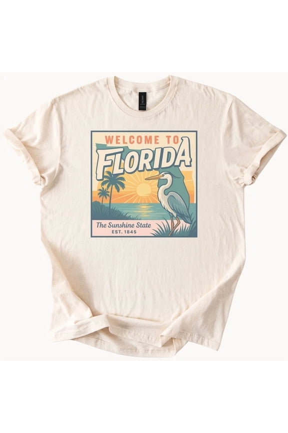 Florida T Shirt Sunshine State Heron Bird Palm Trees Sunset Graphic Tee Size S-5Xl Heygategoo Tee