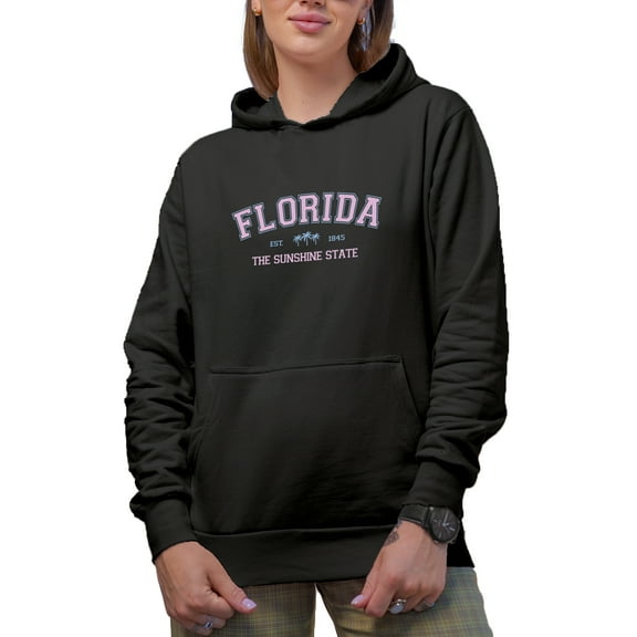 Florida, The Sunshine State, Est. 1845 feat. Palm Trees Art Merch Gift, Black Hooded Sweatshirt or Hoodie, Small