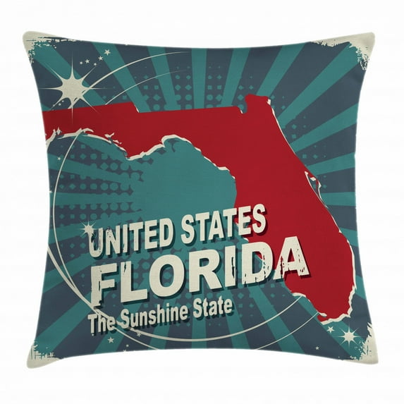 Florida Throw Pillow Cushion Cover, Retro Style Sunburst Worn Out Backdrop with the City Map of Florida United States, Decorative Square Accent Pillow Case, 20 X 20 Inches, Multicolor, by Ambesonne