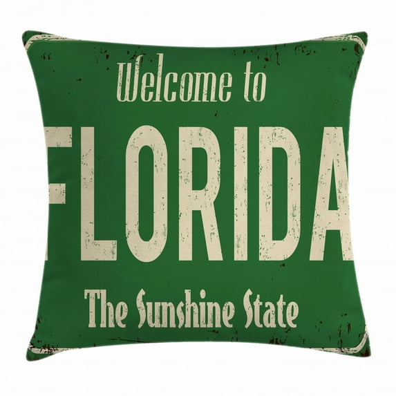 Florida Throw Pillow Cushion Cover, Welcome to Florida Old and Rusty Graphic Sign Design the Sunshine State, Decorative Square Accent Pillow Case, 24 X 24 Inches, Fern Green and Beige, by Ambesonne