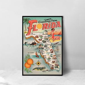 Florida Tourism Vintage Map Poster, 8x12 UNFRAMED