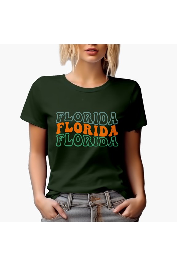 Florida, US State Themed, Groovy Retro Wavy Text Merch Gift, Military Green T-Shirt, Medium
