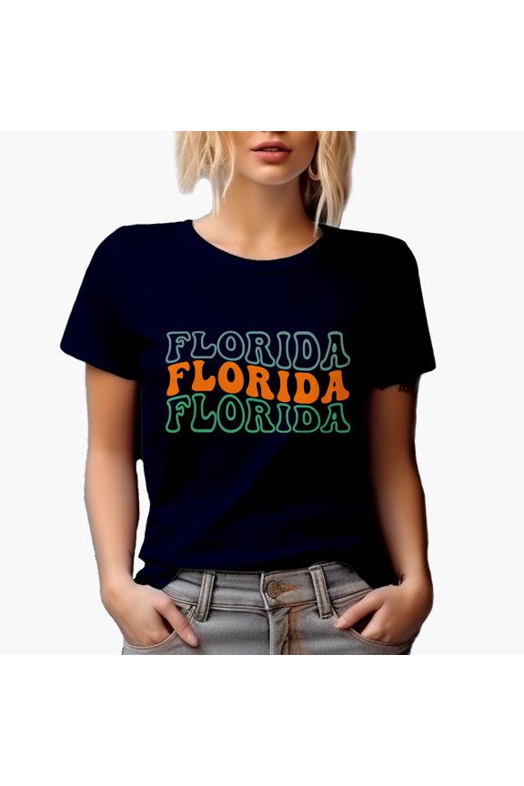 Florida, US State Themed, Groovy Retro Wavy Text Merch Gift, Navy Blue T-Shirt, XL