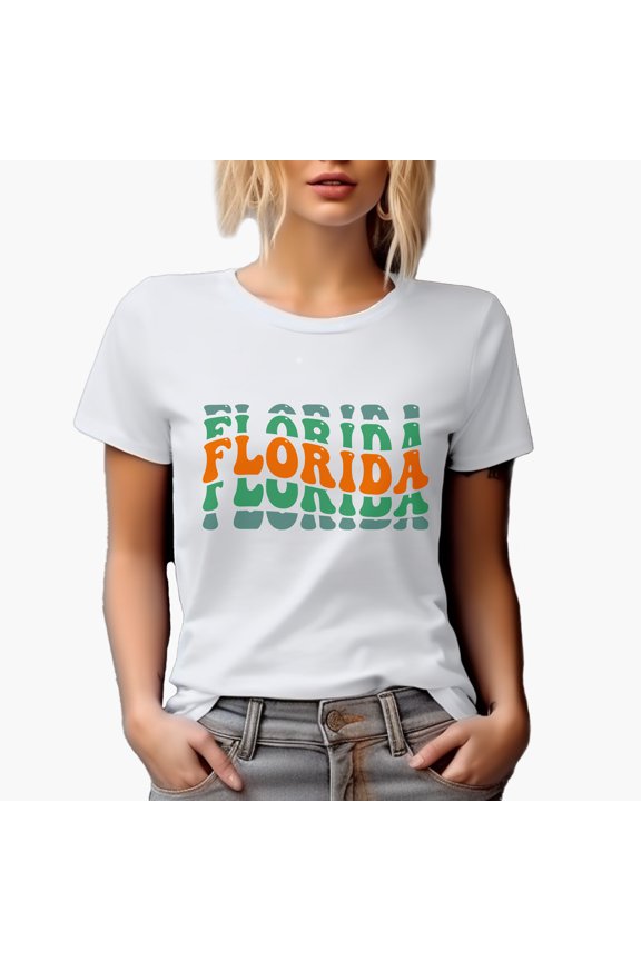 Florida, US or USA State, Groovy Retro Wavy Text Merch Gift, White T-Shirt, Large