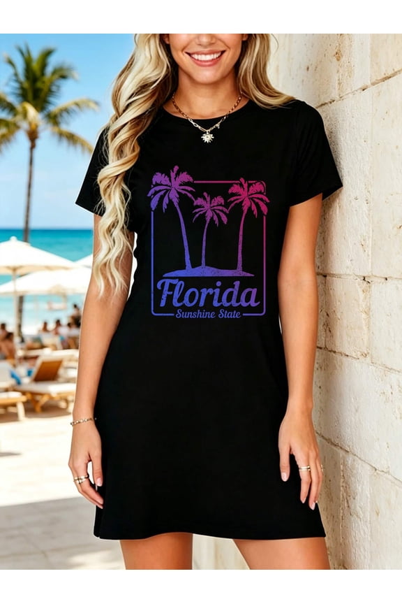 Florida Vintage Retro FL Pride Palm Trees Beach Comfort Colors Adult Heavyweight T-Shirt Dress Summer Vacation Dress Casual Resort Wear
