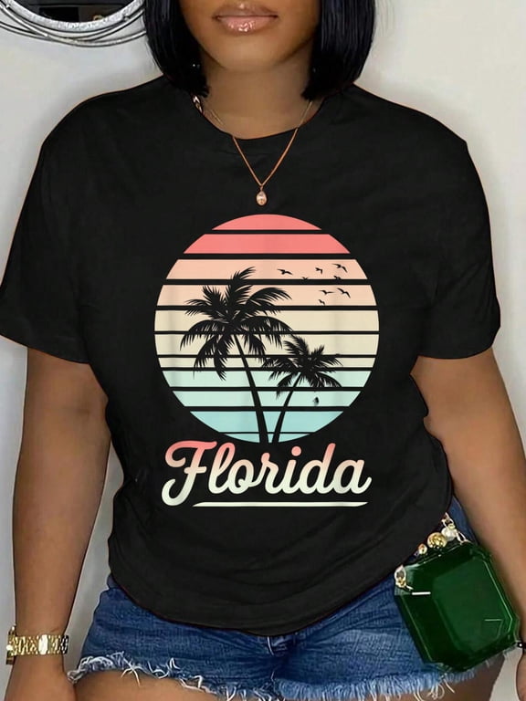 Florida Vintage Summer Vibes Beach Sunset Retro T-Shirt Graphic Tee summer Tops For Women Round Neck Fashion Cotton shirts
