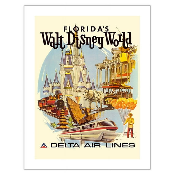Florida’s Walt Disney World - First Year of Operation - Delta Air Lines - Vintage Airline Travel Poster by Daniel C. Sweeney c.1971 - Bamboo Fine Art 290gsm Paper (Unframed) 17x22in