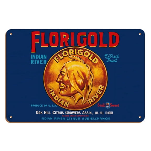 Florigold Groves - Indian River Citrus Fruit - Oak Hill Florida - Vintage Fruit Crate Label c.1930s - 8 x 12 inch Vintage Wood Art Sign