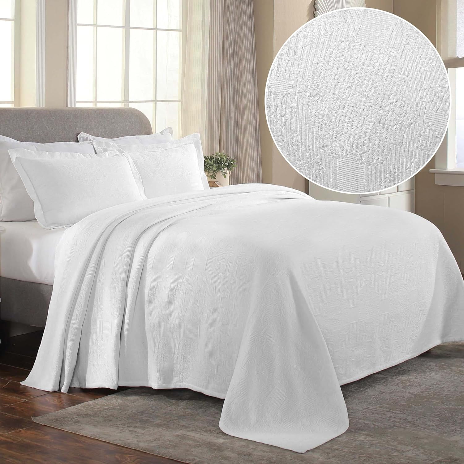 Superior White Cotton Full Bedspread Set with Medallion Design