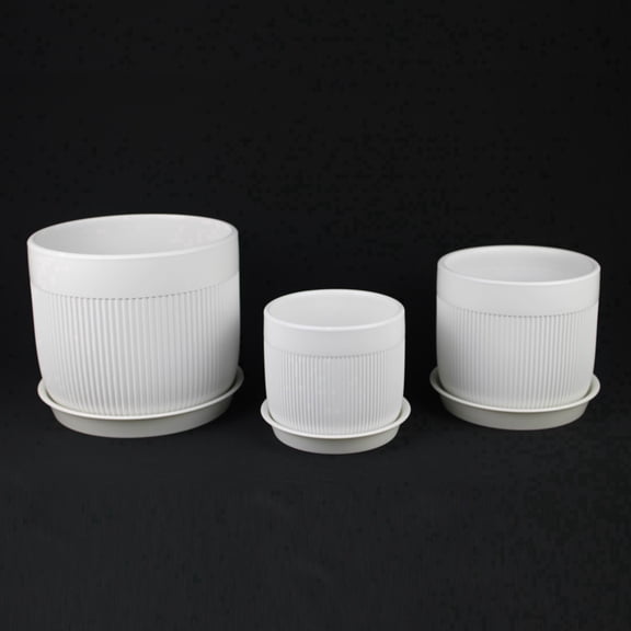Florinia 3-Piece Stoneware Ribbed Ceramic Round White Flower Pots, 8.5" - 6.5" - 5.5" with plastic saucer
