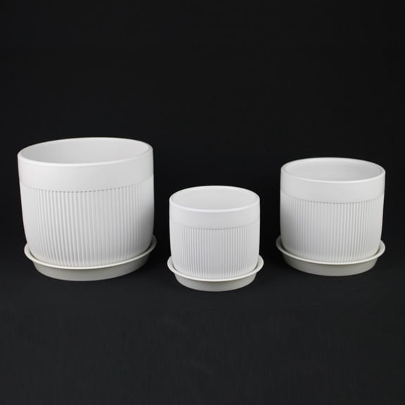 Florinia 3-Piece Stoneware Ribbed Ceramic Round White Flower Pots, 8.5" - 6.5" - 5.5" with plastic saucer