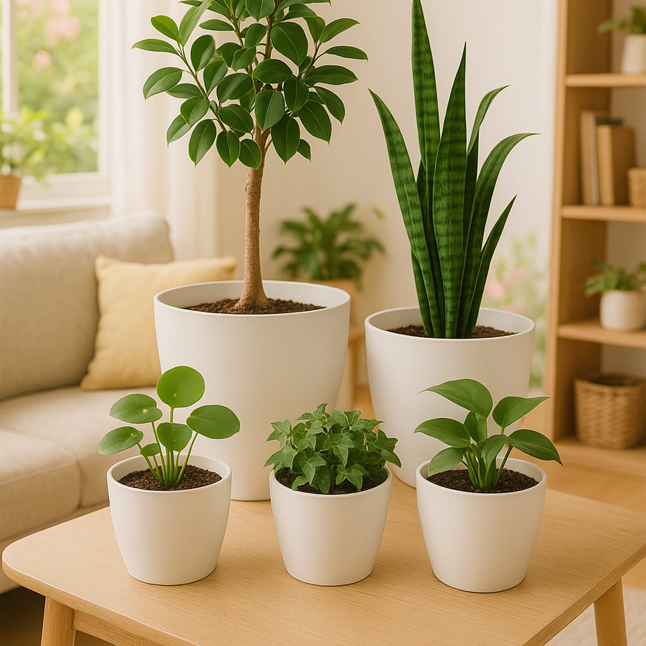 Florinia 5-Piece White Plastic Planter Set – Modern Round Indoor Flower Pots (5.4", 6.5", 7.9", 9.2", 10.7") – Lightweight Decorative Plant Containers ( without plants )