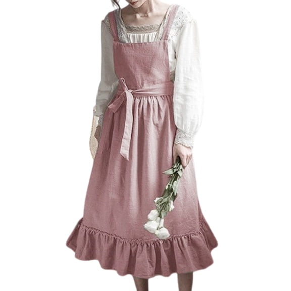 Florist Cotton Linen Adjustable Ruffle Apron Vintage Aesthetic Pinafore Dress with Pockets for Home Cooking and Baking