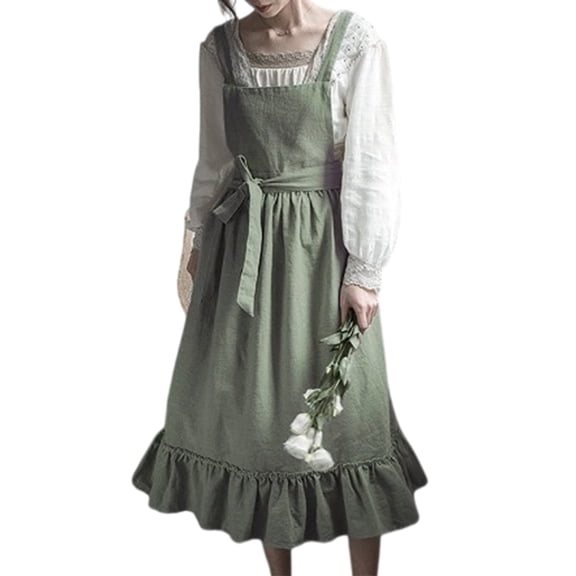 Florist Cotton Linen Adjustable Ruffle Apron Vintage Aesthetic Pinafore Dress with Pockets for Home Cooking and Baking